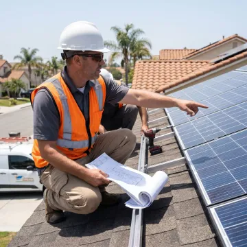 Solar technician reviewing a panel installation plan