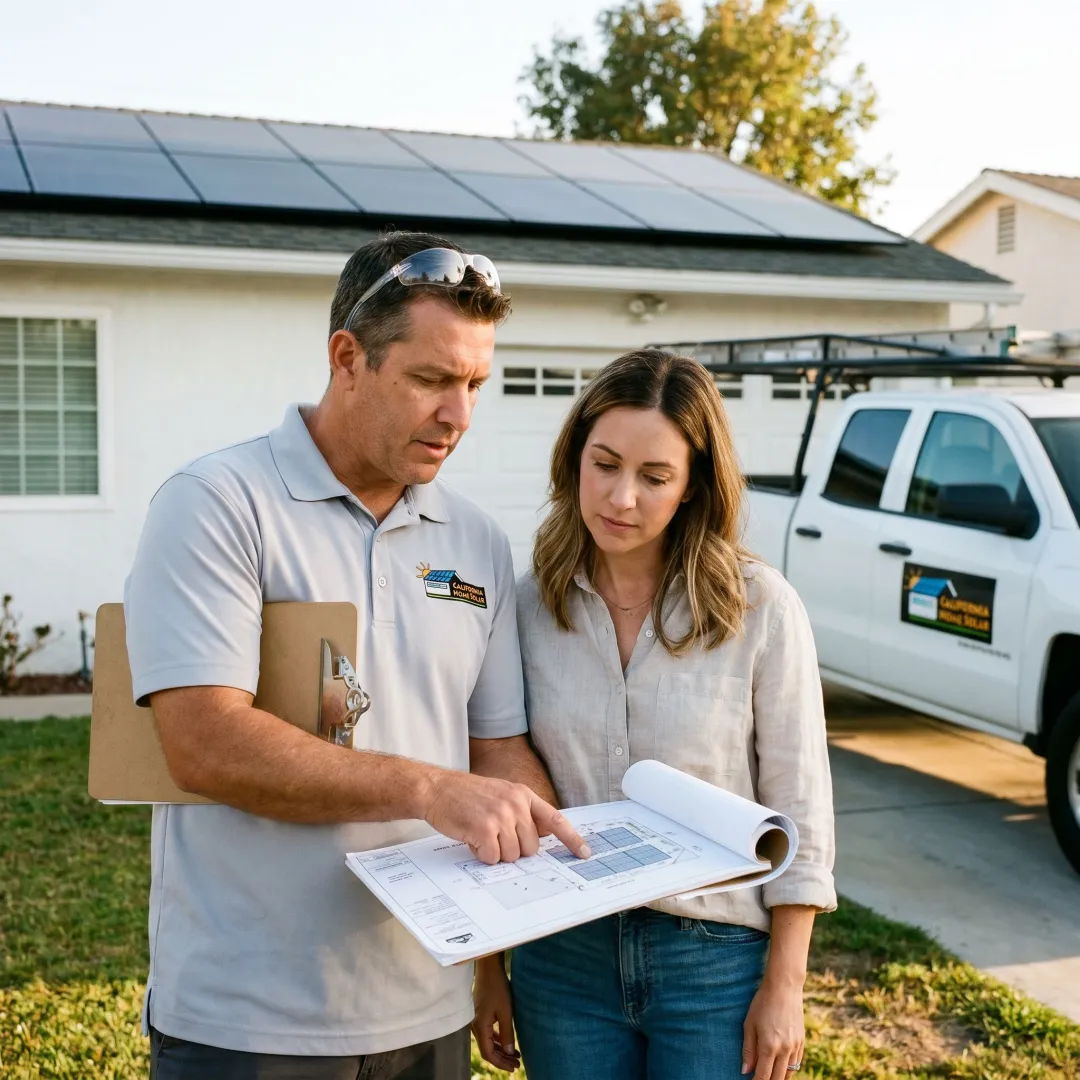 Solar contractor reviewing roof plans with homeowner
