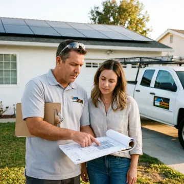 Solar contractor reviewing roof plans with homeowner