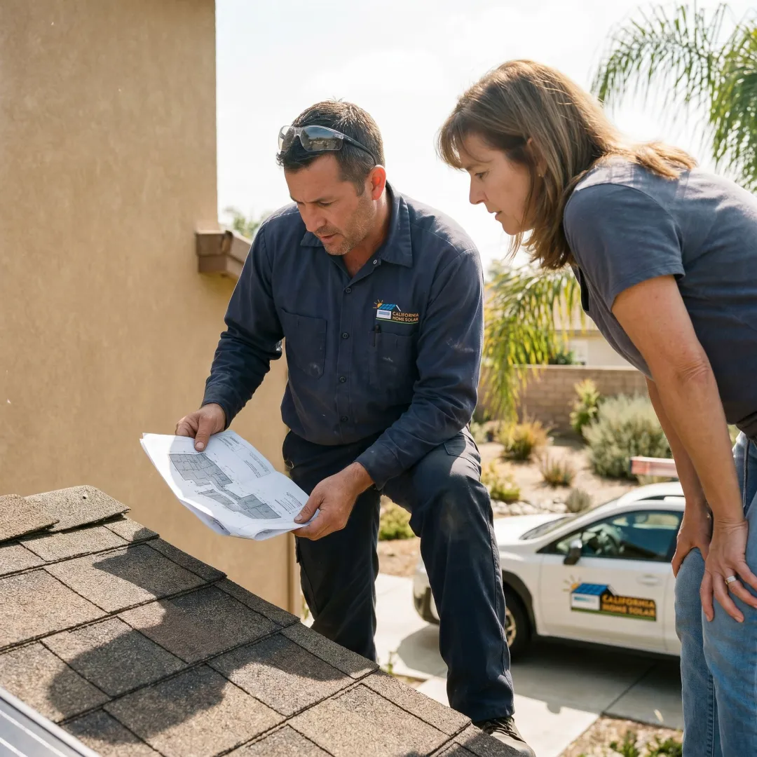 Contractor reviewing roof and solar installation plans