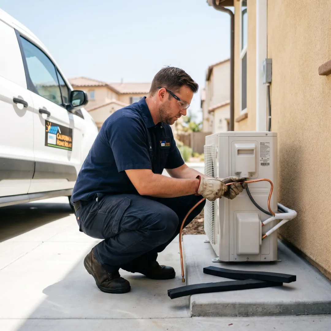 Technician installing an outdoor AC unit at a Huntington Beach home