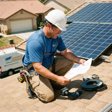 Solar installer reviewing plans before residential installation