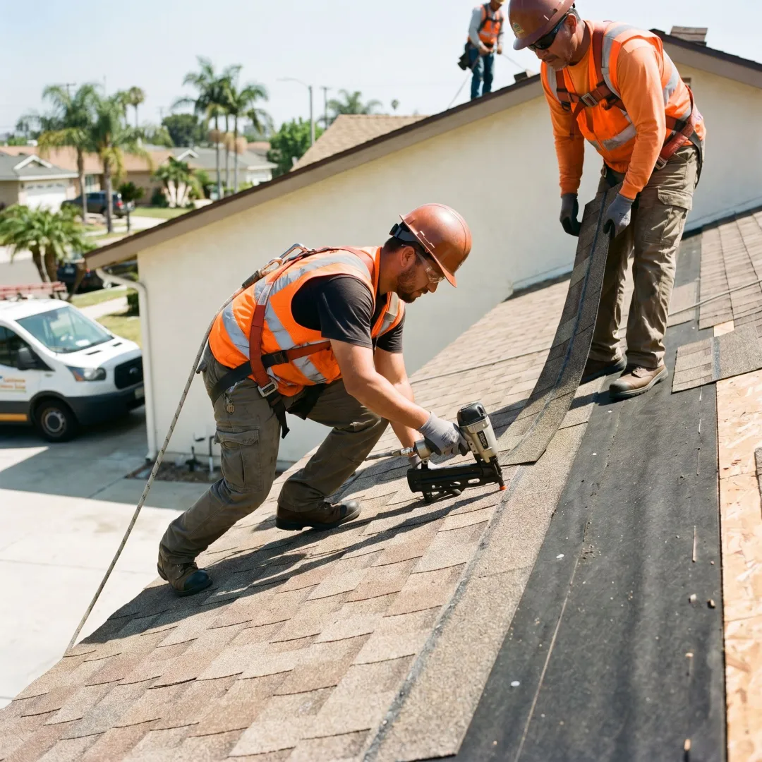Roofing contractor working on a Costa Mesa home