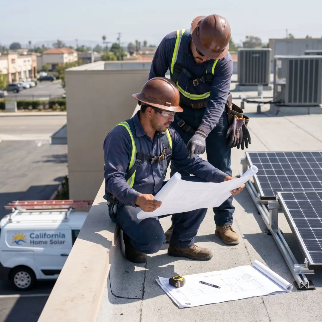 Technicians planning a commercial solar installation