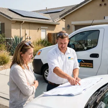 Solar installer reviewing plans with a homeowner