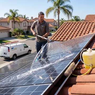 Solar panel cleaning process on a residential roof
