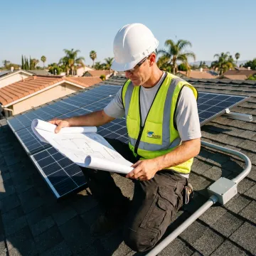 Solar installer reviewing system plans before installation