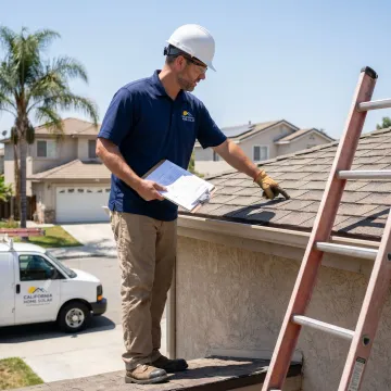 Roofing contractor inspecting replacement project