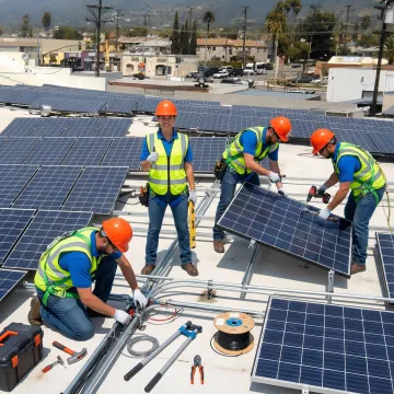 Commercial solar installation process showing expert technicians at work