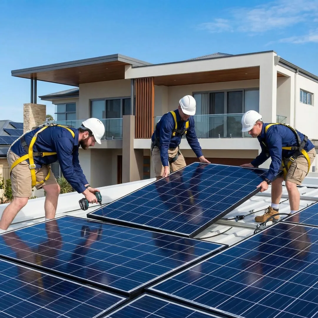 Professional solar panel installation team working on residential roof in Irvine California