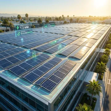 Large commercial solar array on business building with energy efficiency graphics