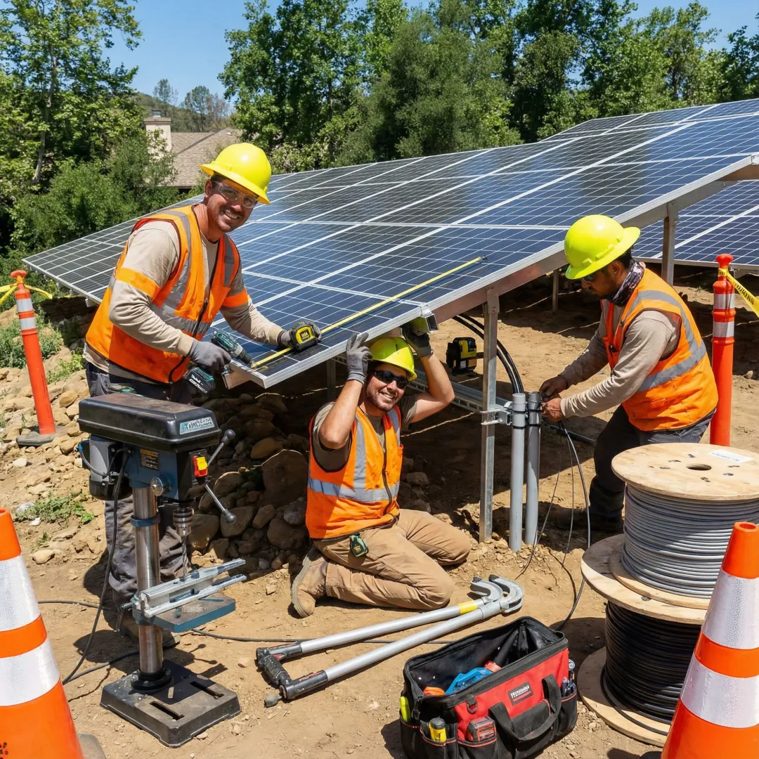 Solar installation technicians working on ground mount system setup