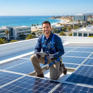 Solar technician installing commercial solar panels with ocean view