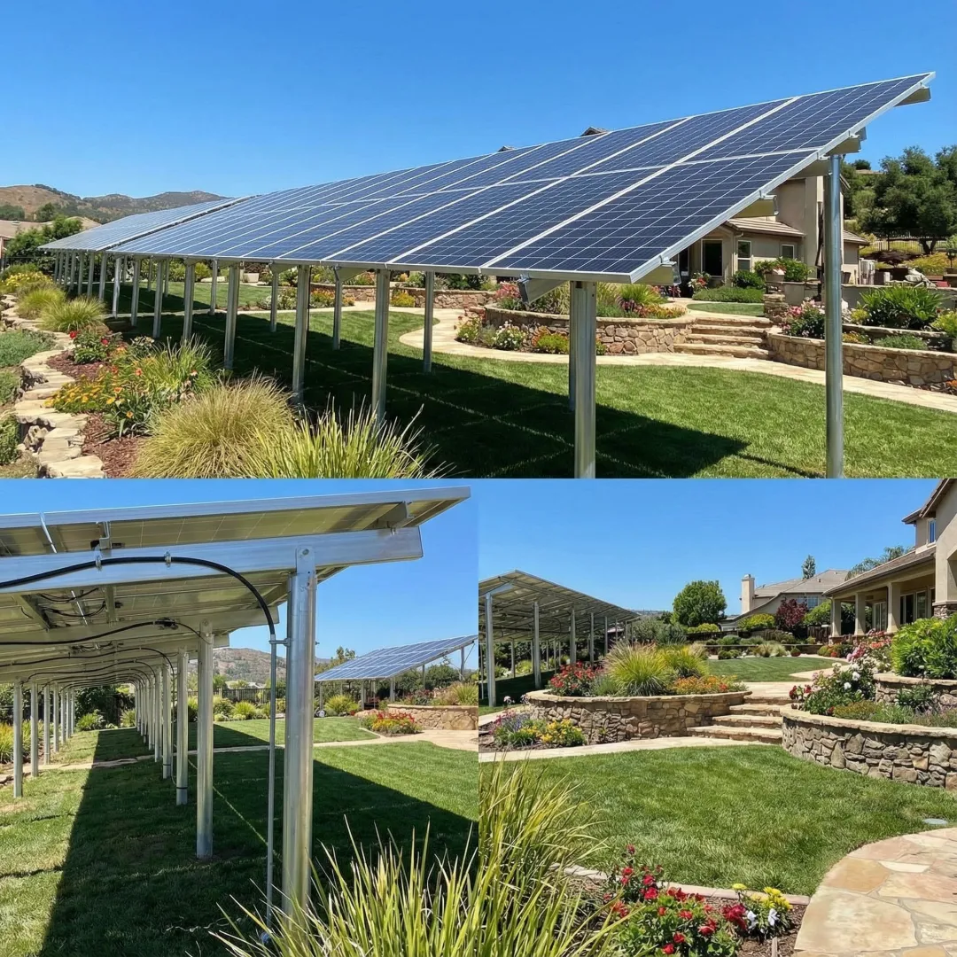 Ground-mounted solar panel array installation in Huntington Beach residential setting