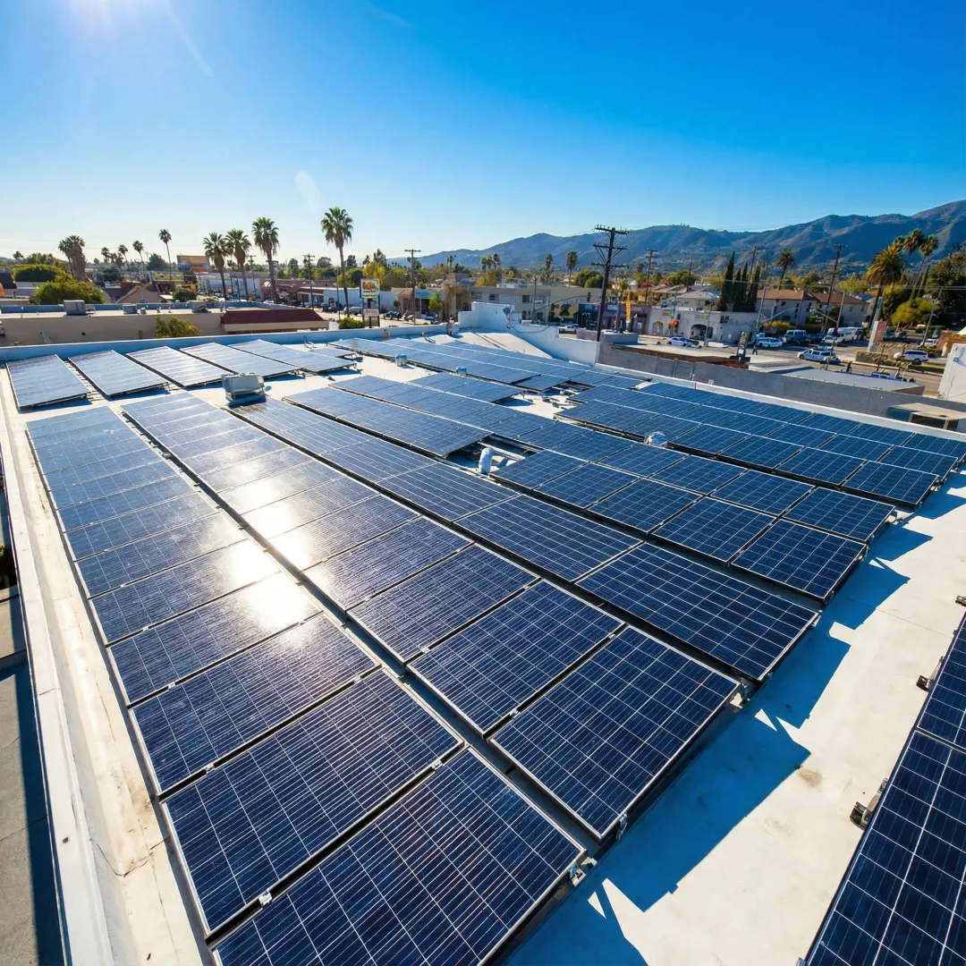 Modern commercial solar array generating clean energy for Torrance business