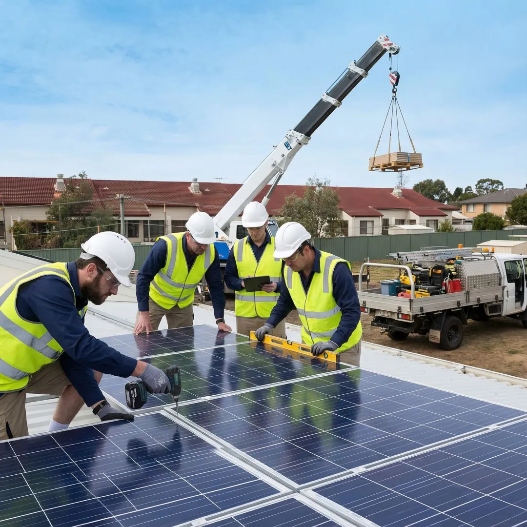 Solar technicians installing ground mount solar panel system with tools and equipment