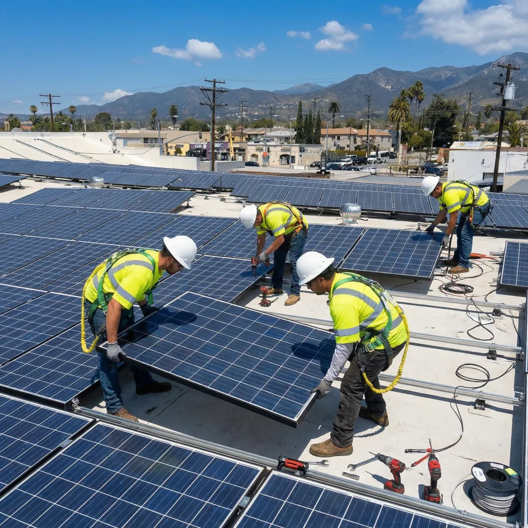 Commercial solar panel installation on business building roof in Fullerton