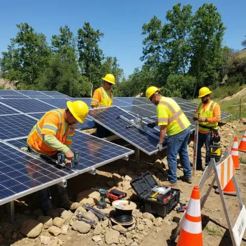Professional technicians installing ground mount solar panels in Fullerton