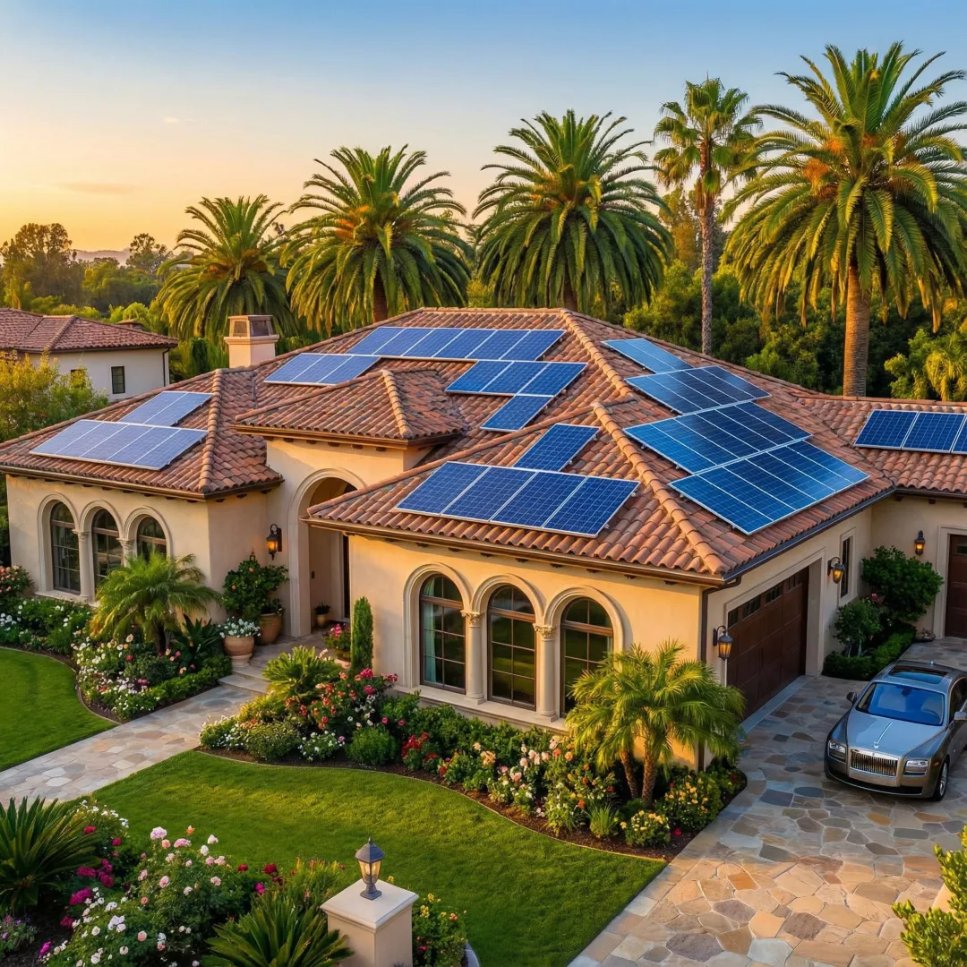 Modern home with sleek solar panel array installation in sunny California setting