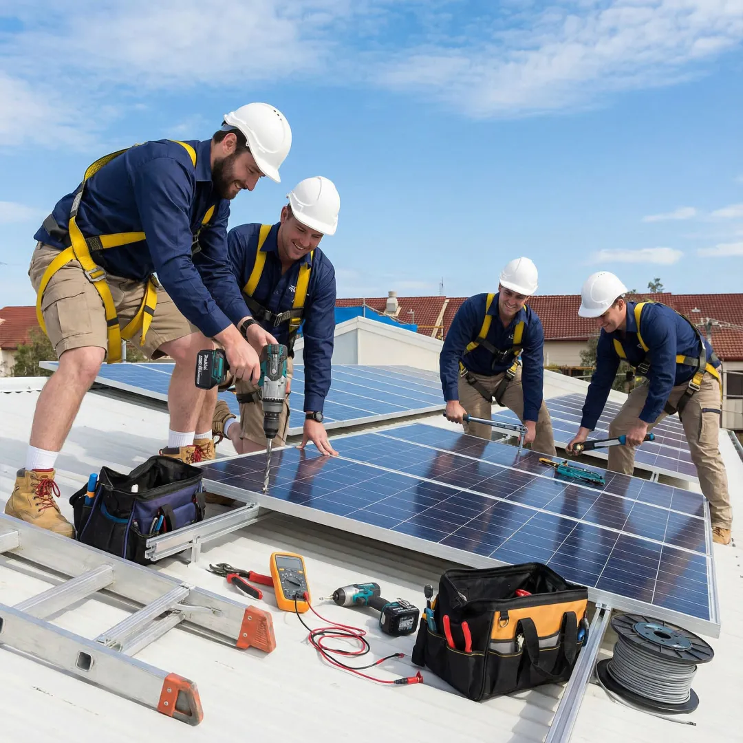Professional solar panel installation team working on residential rooftop in Pasadena