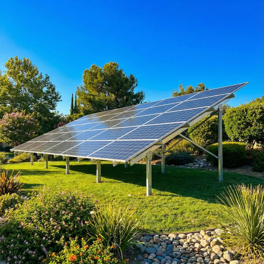 Ground-mounted solar panel array installed in Downey residential property
