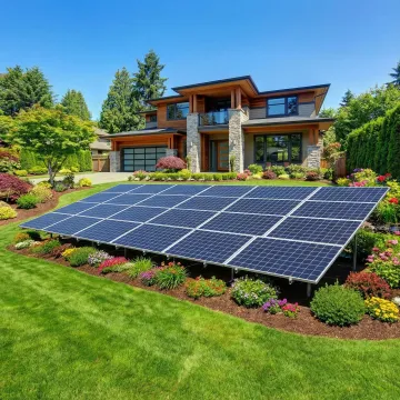 Ground mount solar panels with optimal sun positioning in residential backyard