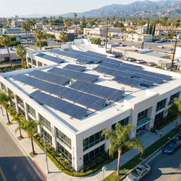 Modern Inglewood commercial building with solar panels reducing energy costs