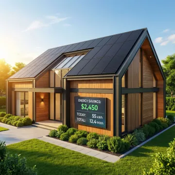 Modern home with sleek solar panel array and energy monitoring display