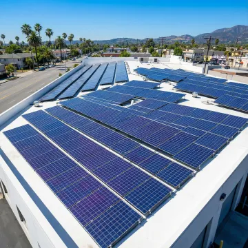 Modern commercial building with solar panel array installation