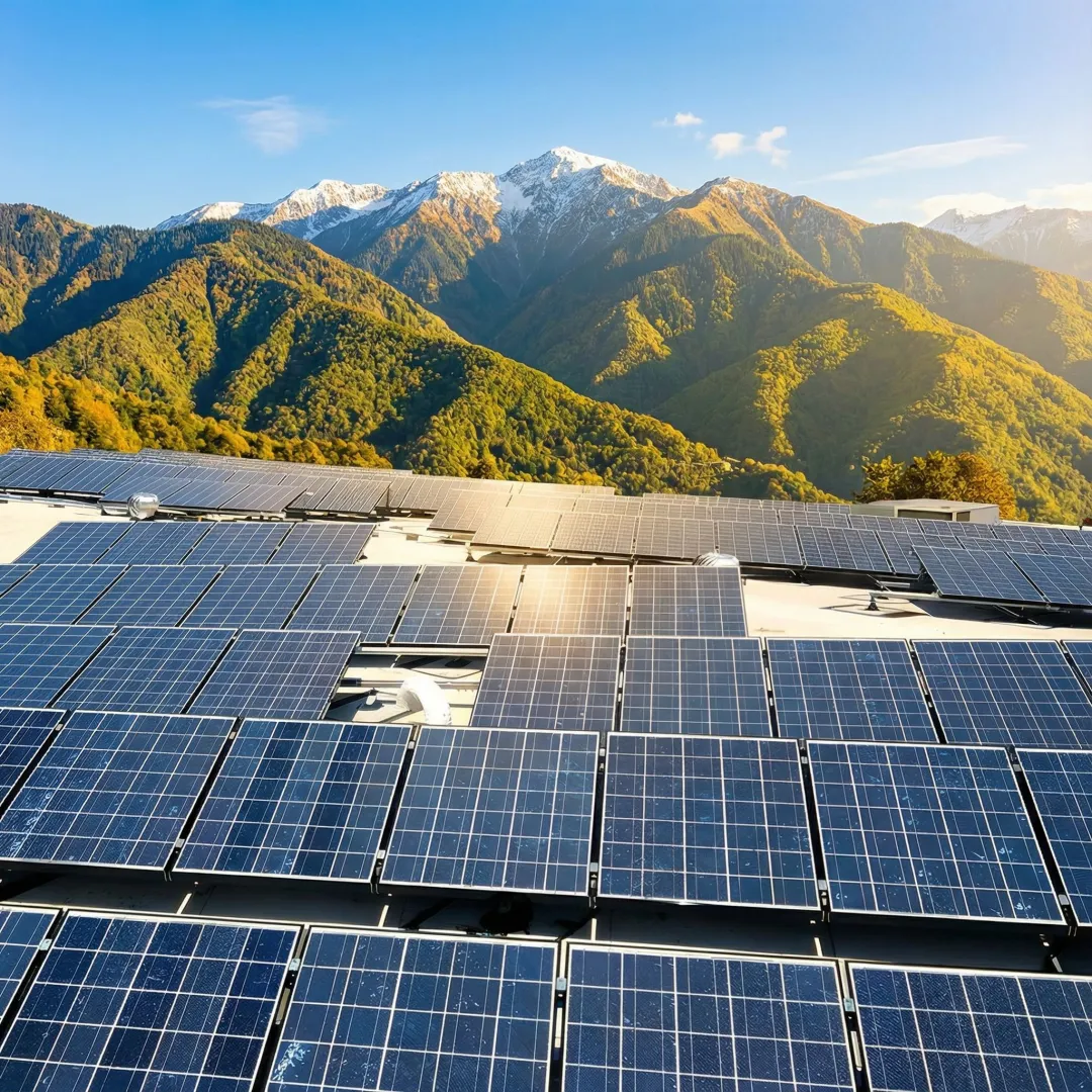 Modern solar panel array on commercial building with clear California sky