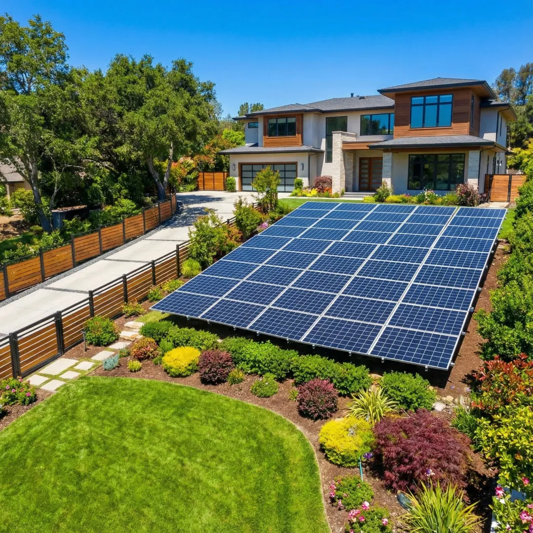 Ground mounted solar panel array installation in El Monte residential property