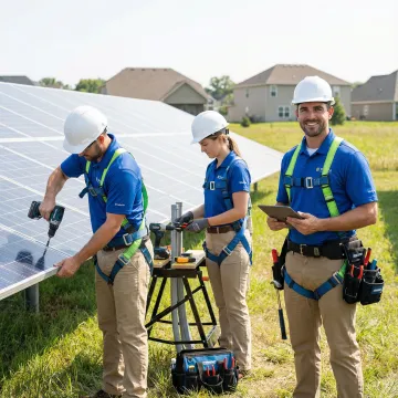 Ground mount solar installation process showing professional technicians