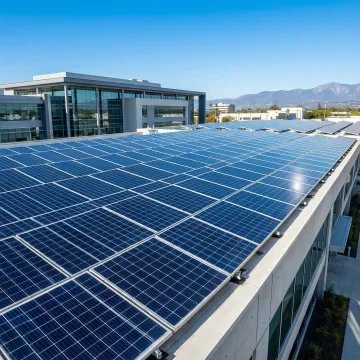 Large commercial solar array on business building generating clean energy