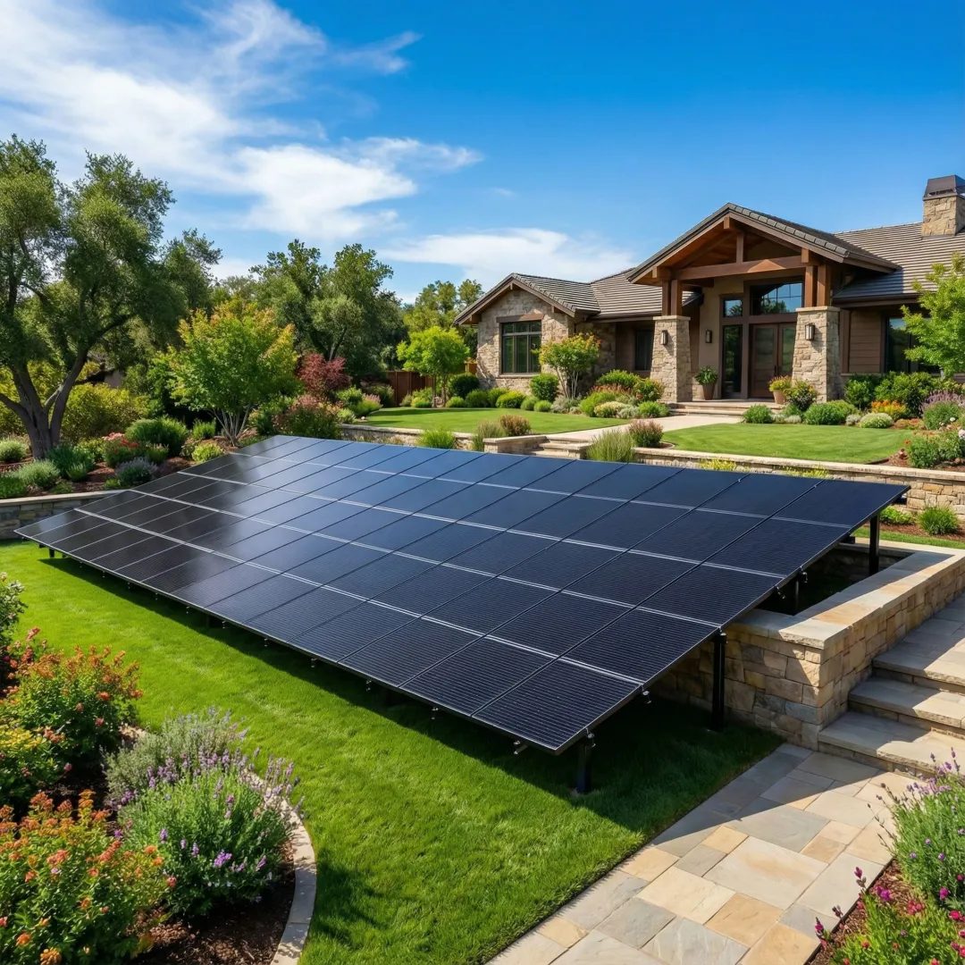 Ground mount solar panel installation in Burbank residential backyard