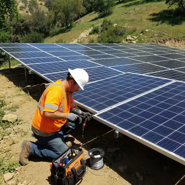 Professional technician installing ground mount solar panels with tools and equipment
