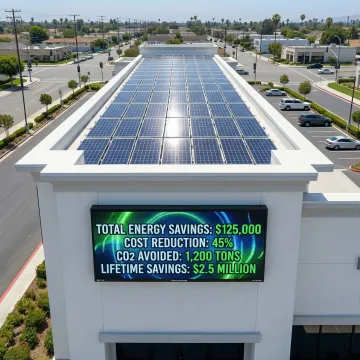 Commercial building with solar panels and energy savings dashboard showing reduced costs