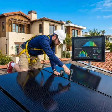 Custom solar panel array installation on Santa Monica home with energy monitoring display