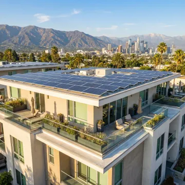 Modern home with solar panels overlooking Los Angeles city views