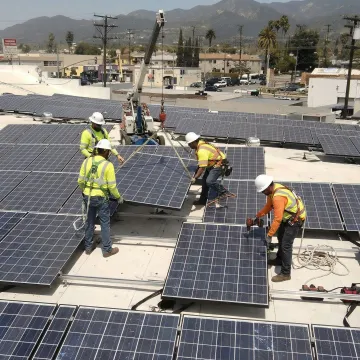 Professional commercial solar installation team working on business property