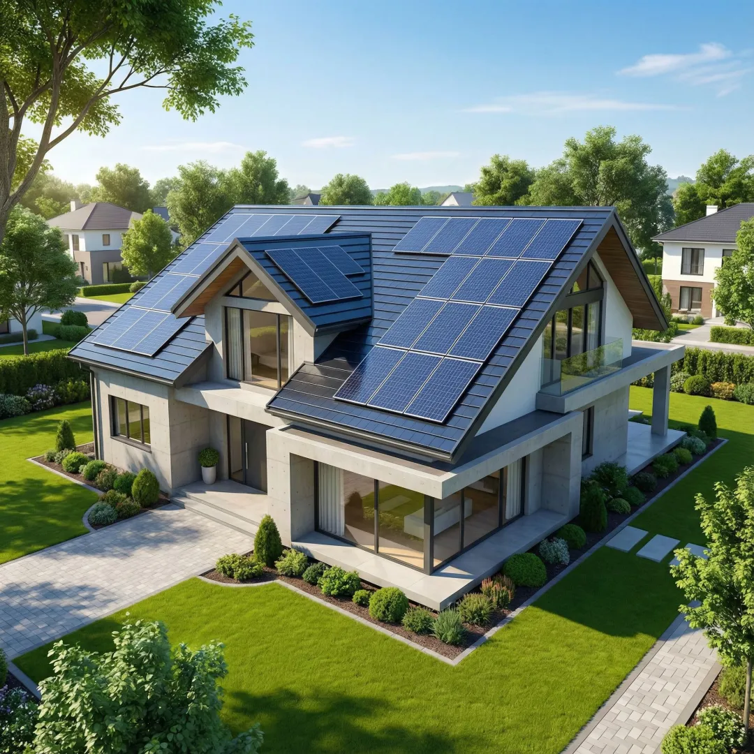 Modern home with newly installed solar panels reflecting California sunshine
