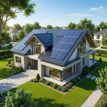 Modern home with newly installed solar panels reflecting California sunshine