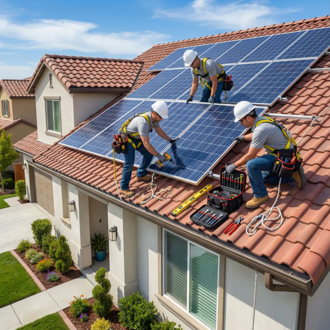 Professional solar panel installation team working on residential rooftop in Fullerton
