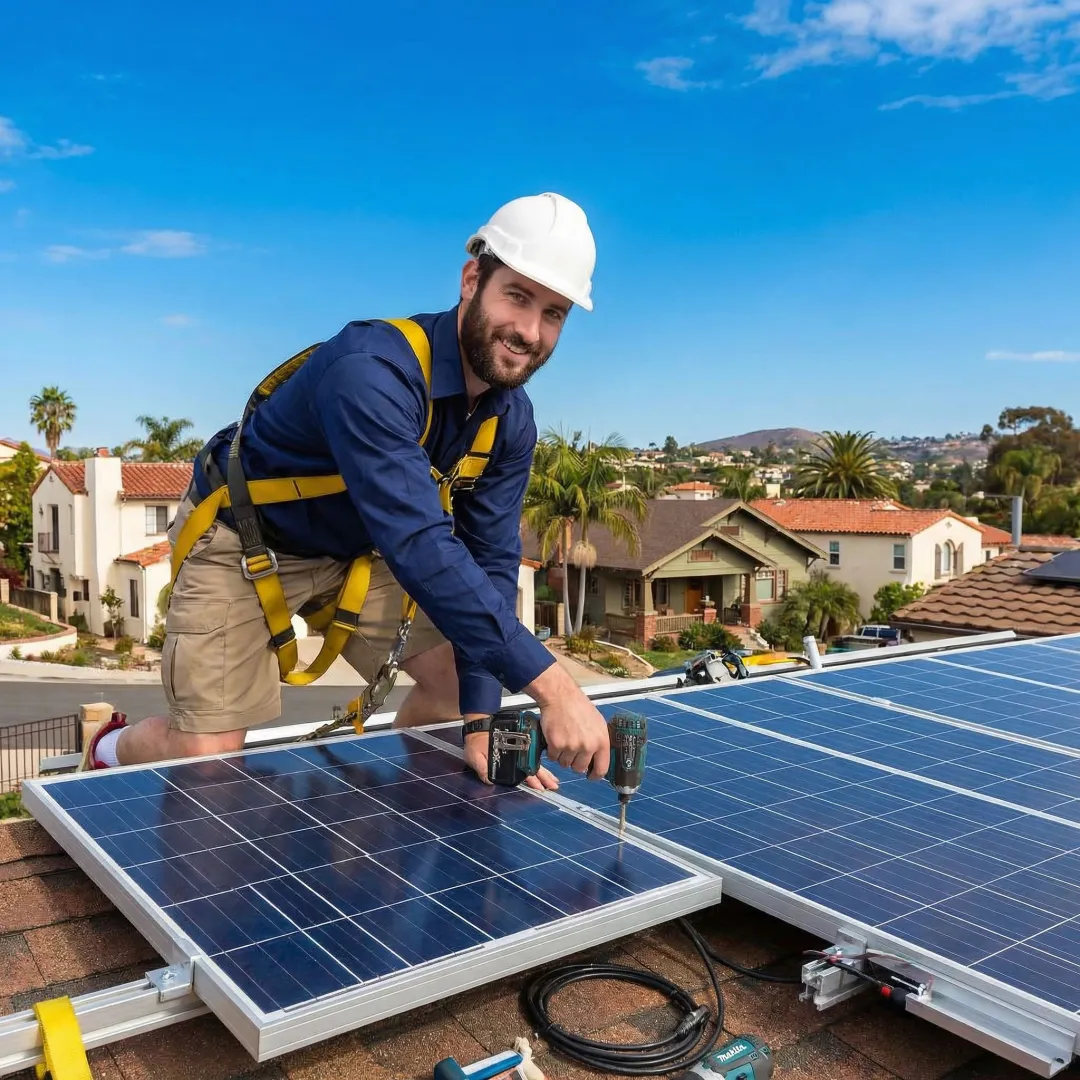 Solar installation crew working on residential rooftop system