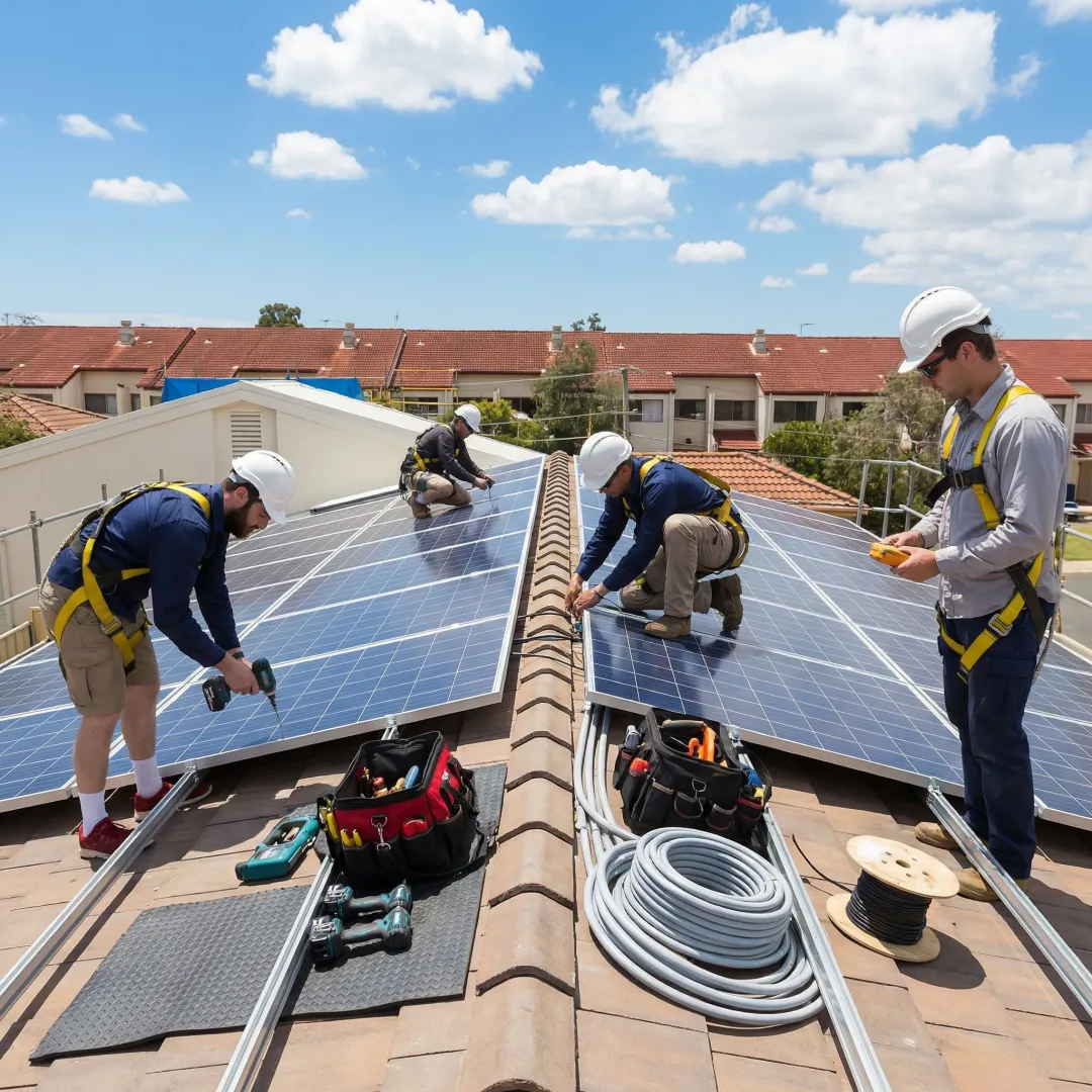 Solar installation team working on residential rooftop in Thousand Oaks