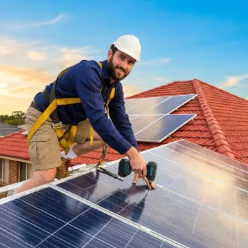 Solar installation technician mounting panels on Riverside home roof
