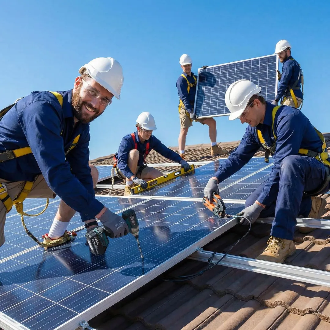 Solar installation technicians working on residential roof