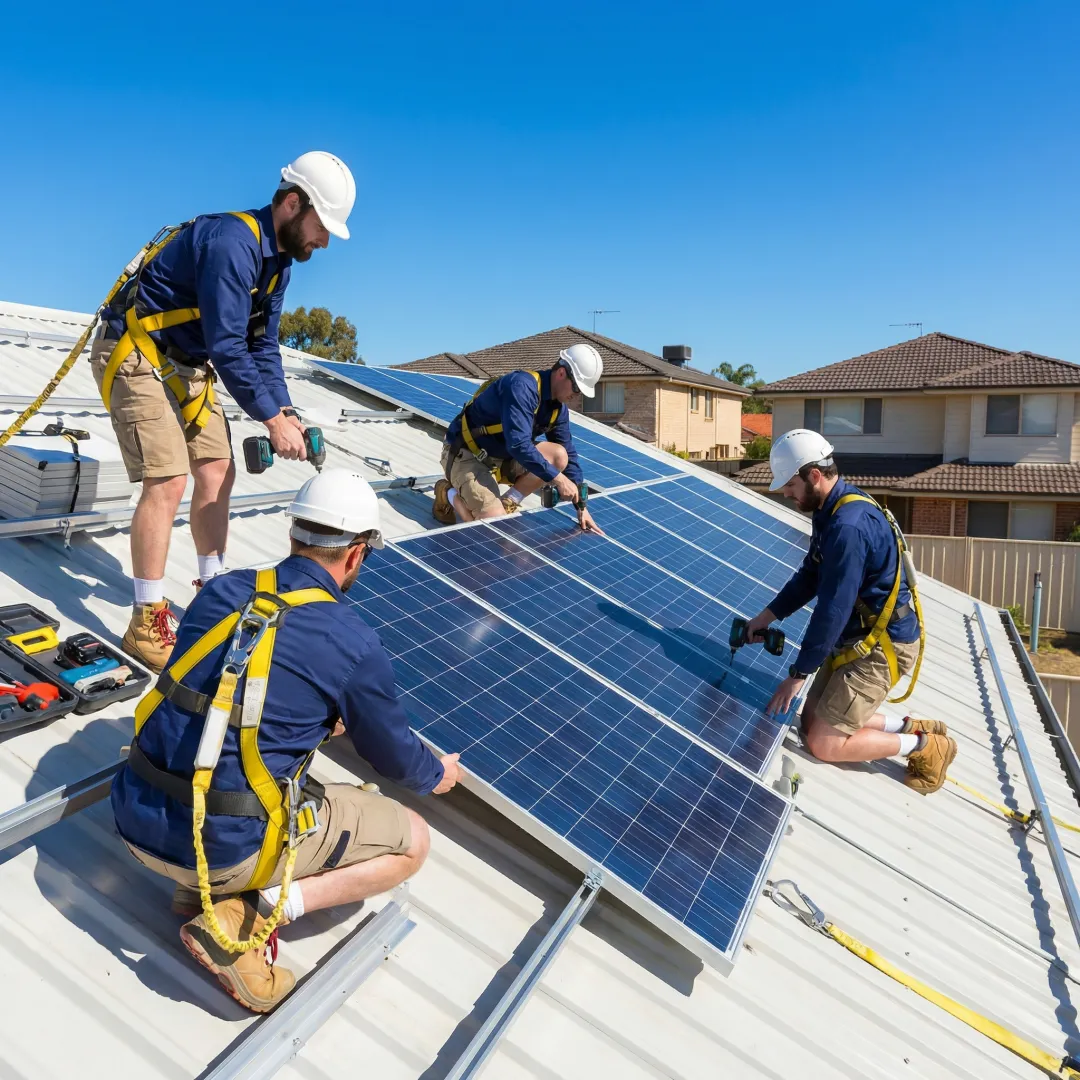 Solar installation technicians working on residential roof installation