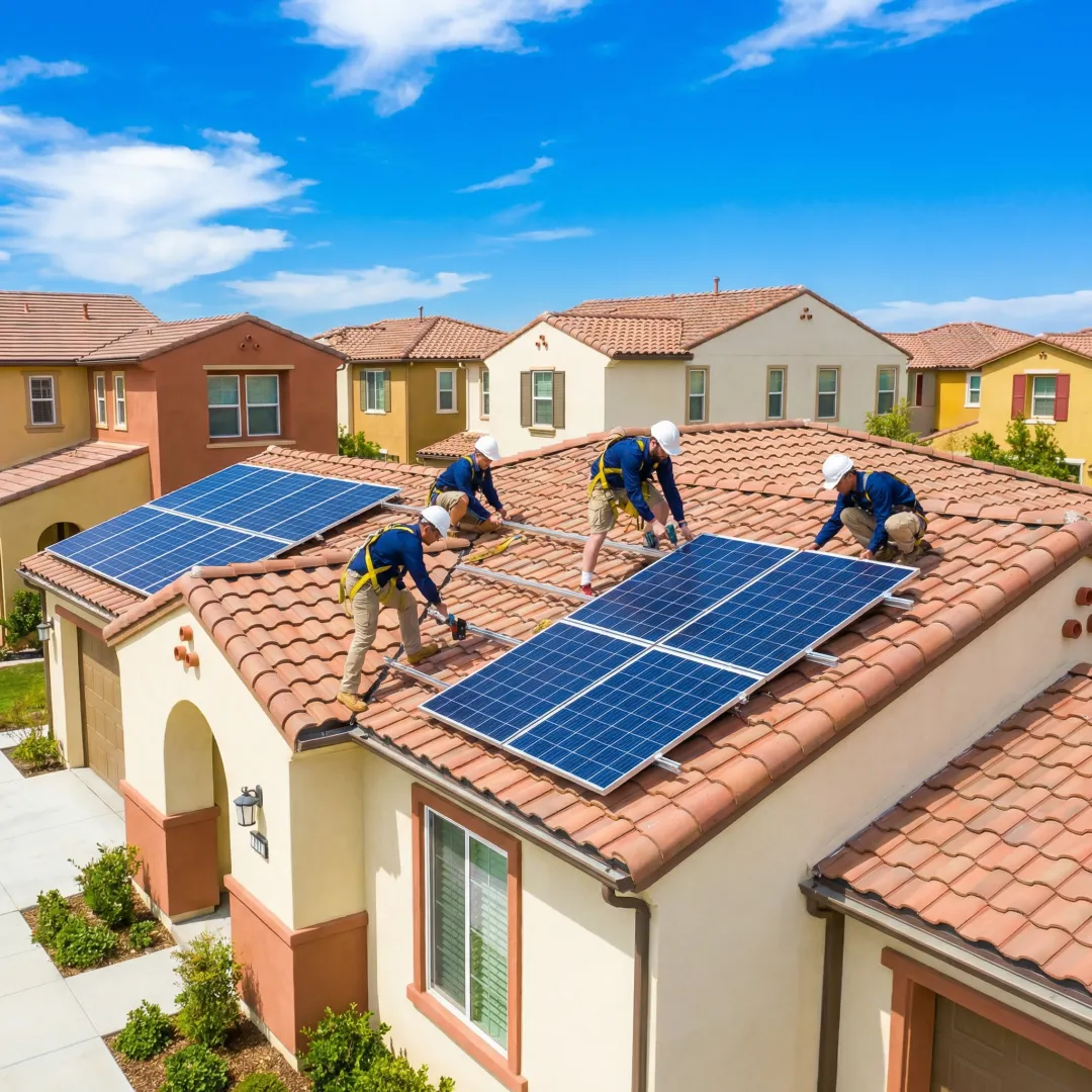 Solar installation technicians working on residential rooftop system