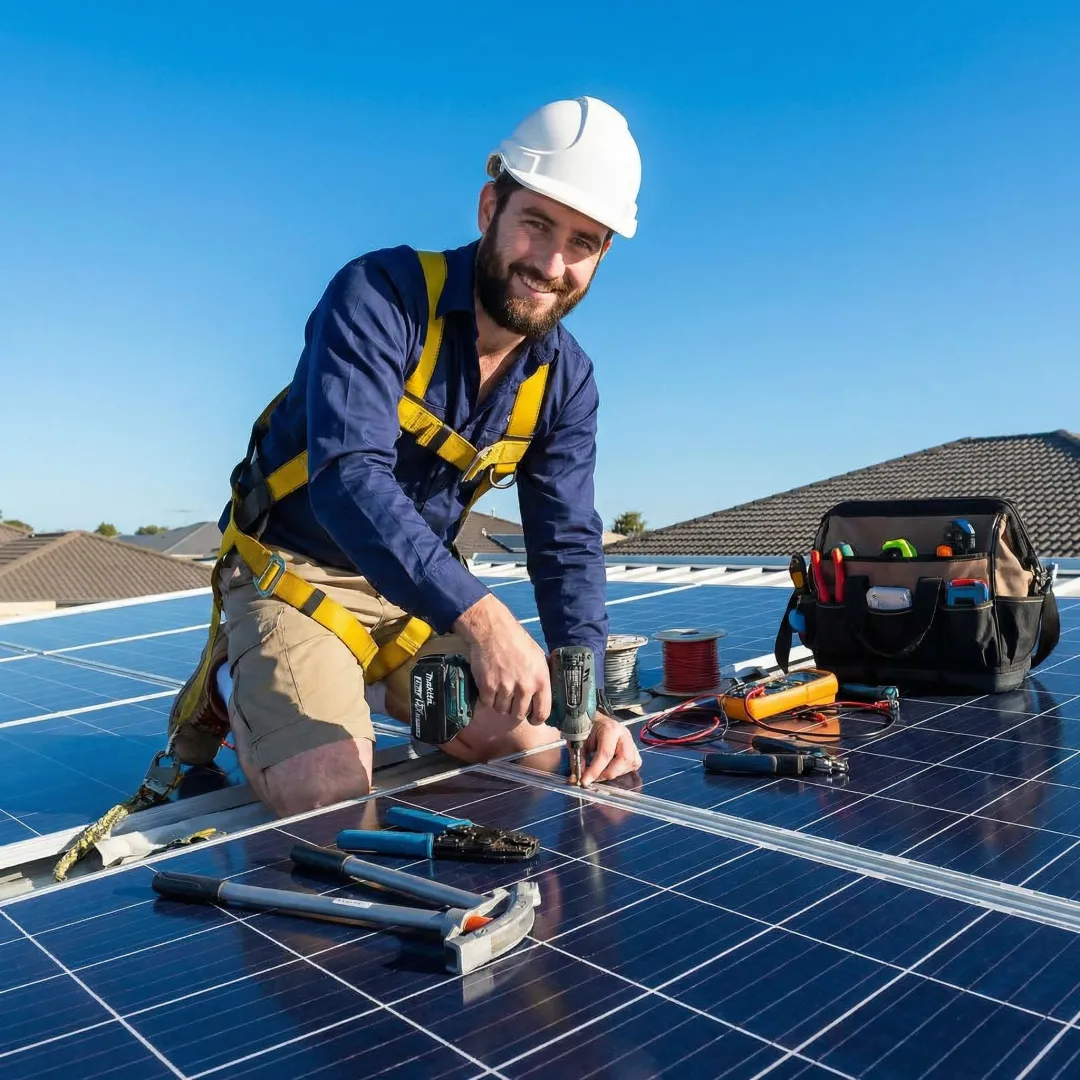 Solar installation technician working on residential rooftop system