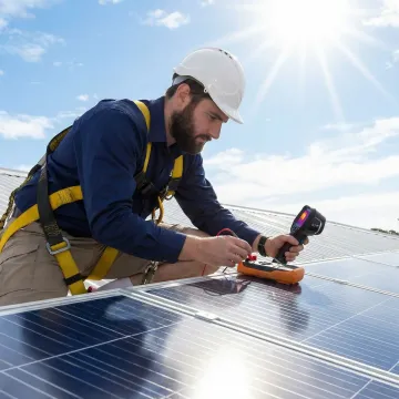Solar technician diagnosing solar panel system on residential roof